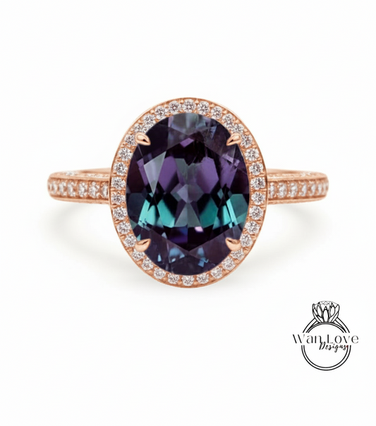 Anello di fidanzamento ovale con smeraldo Anello stile celebrità Anello con diamanti vintage Lato nascosto Halo Anello nuziale Art Deco Anniversario Regalo per lei