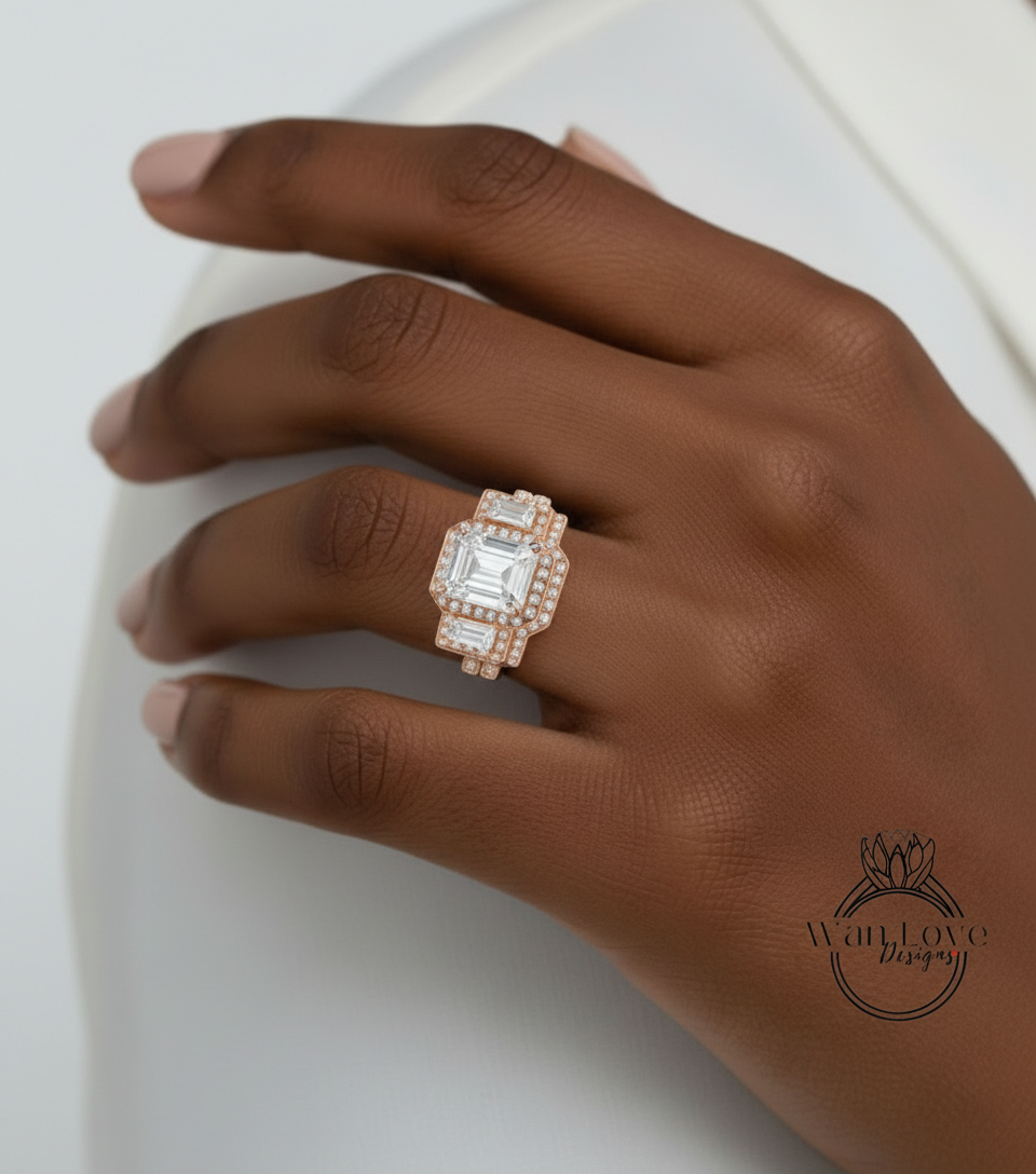 Anello di fidanzamento con diamante Baguette Emerald Halo Set di fedi nuziali curve, Anello baguette Art deco Anello di fidanzamento con taglio radiante, Regalo nuziale