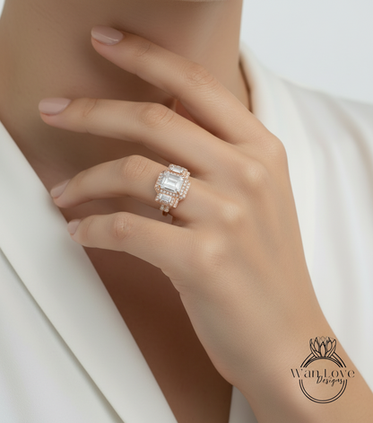 Anello di fidanzamento con diamante Baguette Emerald Halo Set di fedi nuziali curve, Anello baguette Art deco Anello di fidanzamento con taglio radiante, Regalo nuziale