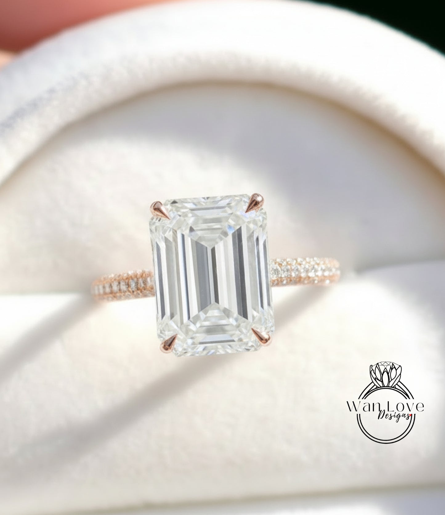 Diamond Emerald cut 3 sided Band Celebrity Style Engagement Ring Custom 14k 18k White Yellow Rose Gold Platinum Wedding Anniversary Bridal Gift