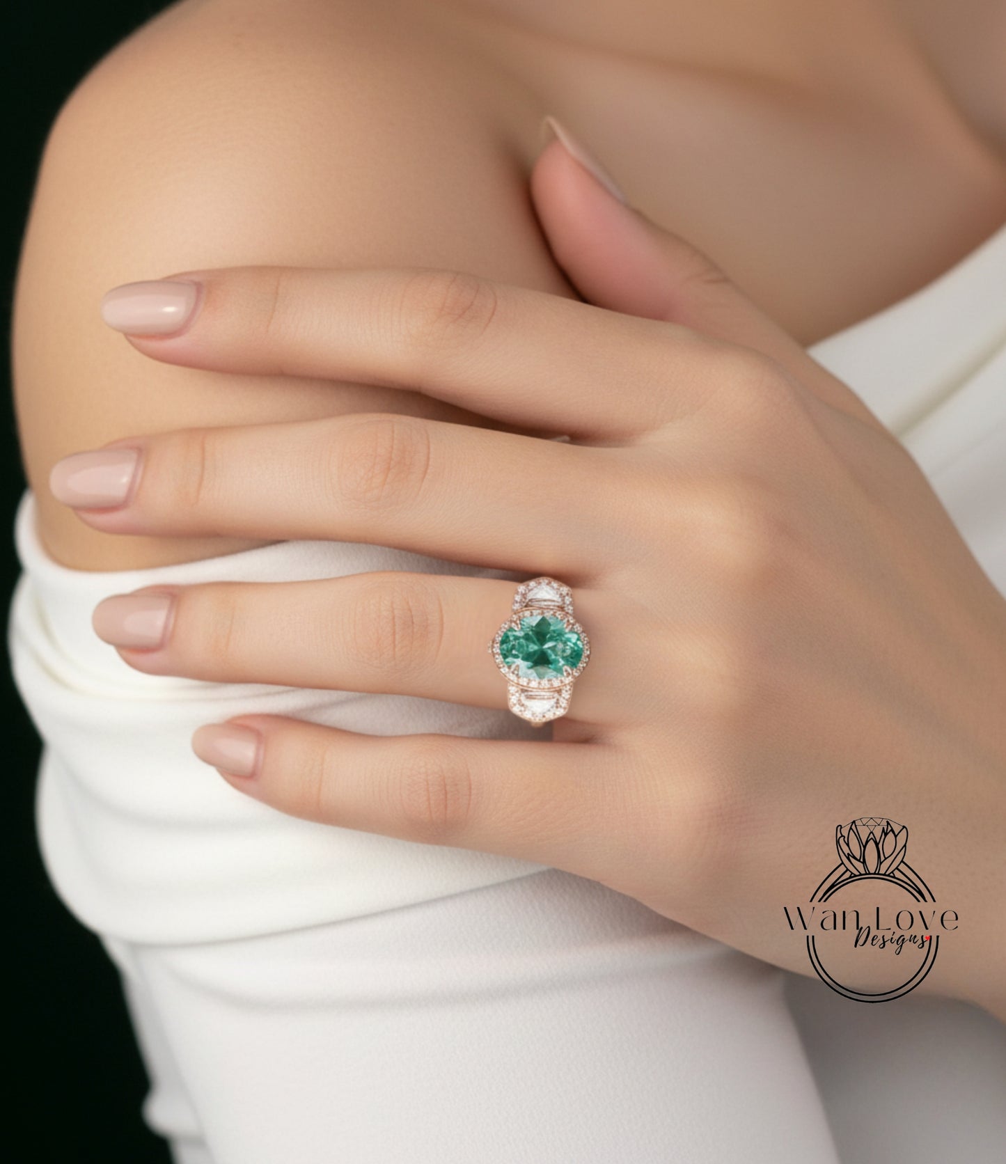 Anello di fidanzamento con diamanti smeraldo e moissanite Cuscino ovale mezza luna 3 pietre preziose 14k 18k bianco giallo oro rosa, platino, personalizzato