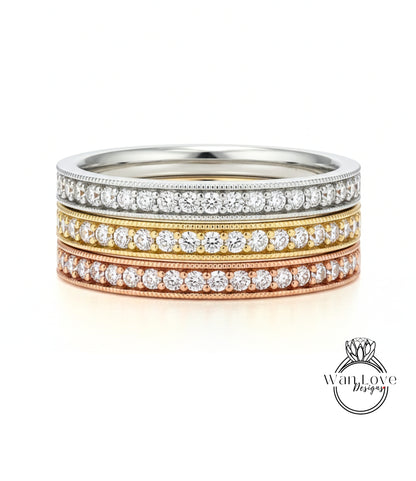 Fede nuziale Milgrain con diamanti smeraldo - Set di punte a canale vintage Fede nuziale - Fascia antica Half Eternity - Anello nuziale con scelta della pietra portafortuna