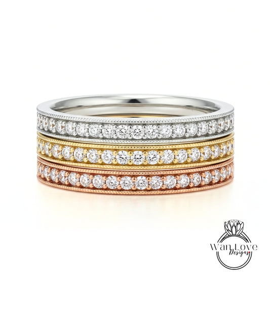 Diamond Milgrain Wedding Band - Antique Style channel prong set Wedding ring - Bead set Vintage Band - Birthstone Choice Bridal Ring