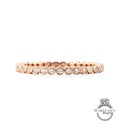 Simple Bezel Round Cut Diamond Wedding Bands/ 14K Gold Rings/ Moissanite Matching Bands/ Bridal Stacking Rings/ BirthStone Choice Rings