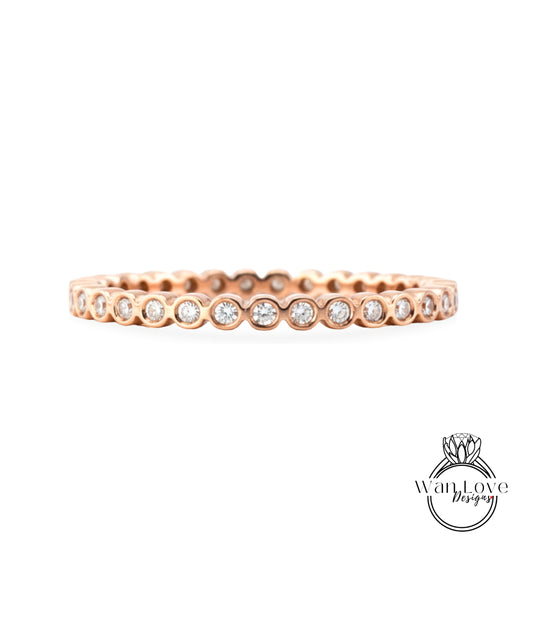 Simple Bezel Round Cut Diamond Wedding Bands/ 14K Gold Rings/ Moissanite Matching Bands/ Bridal Stacking Rings/ BirthStone Choice Rings