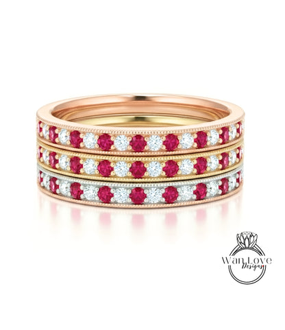 Fede nuziale Milgrain con diamanti smeraldo - Set di punte a canale vintage Fede nuziale - Fascia antica Half Eternity - Anello nuziale con scelta della pietra portafortuna