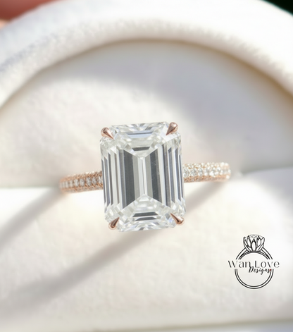 White Sapphire & Diamond Emerald cut 3 sided Band Celebrity Style Engagement Ring Custom 14k 18k White Yellow Rose Gold Platinum Wedding Anniversary Bridal Gift