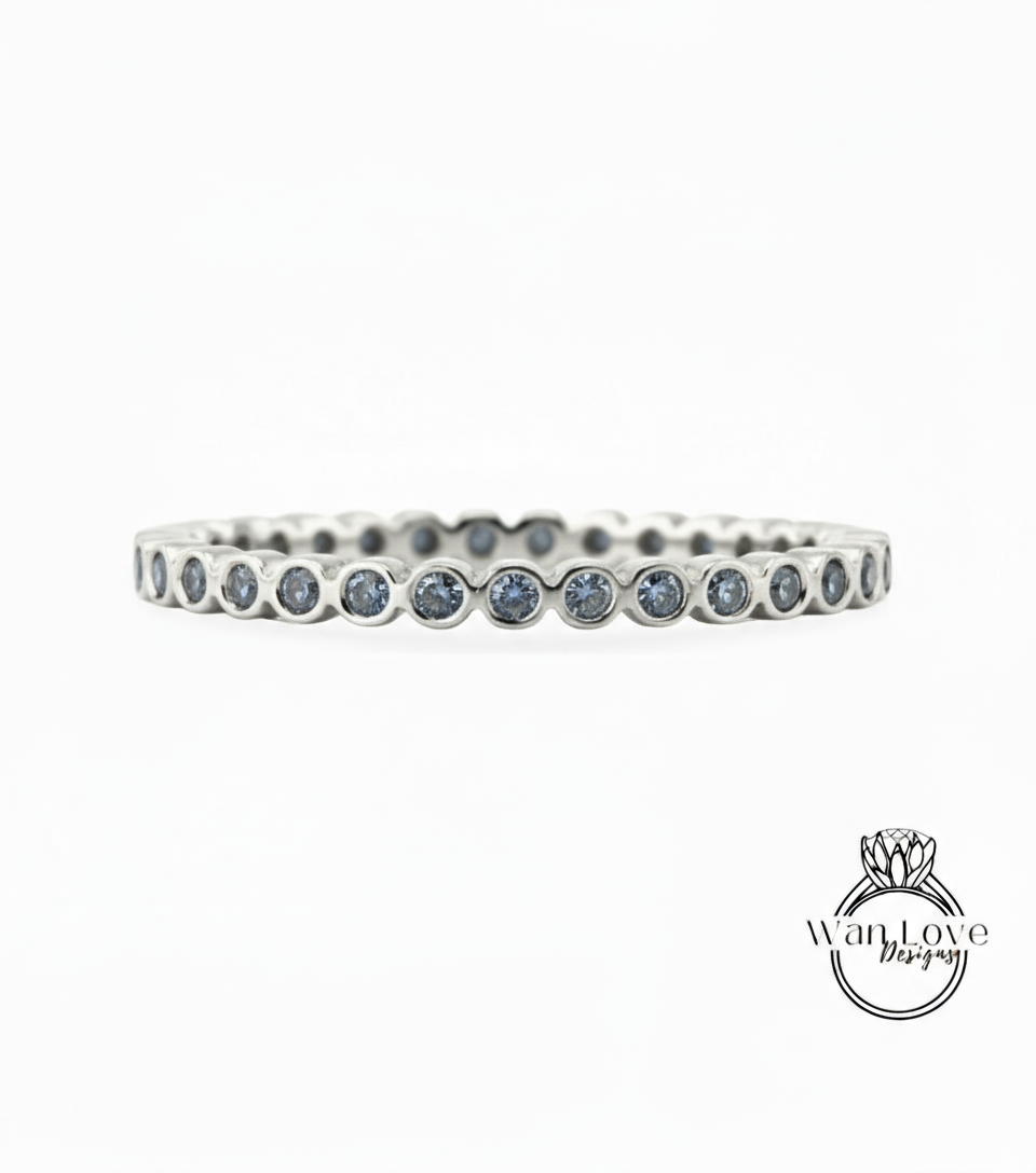 Simple Bezel Round Cut Diamond Wedding Bands/ 14K Gold Rings/ Moissanite Matching Bands/ Bridal Stacking Rings/ BirthStone Choice Rings