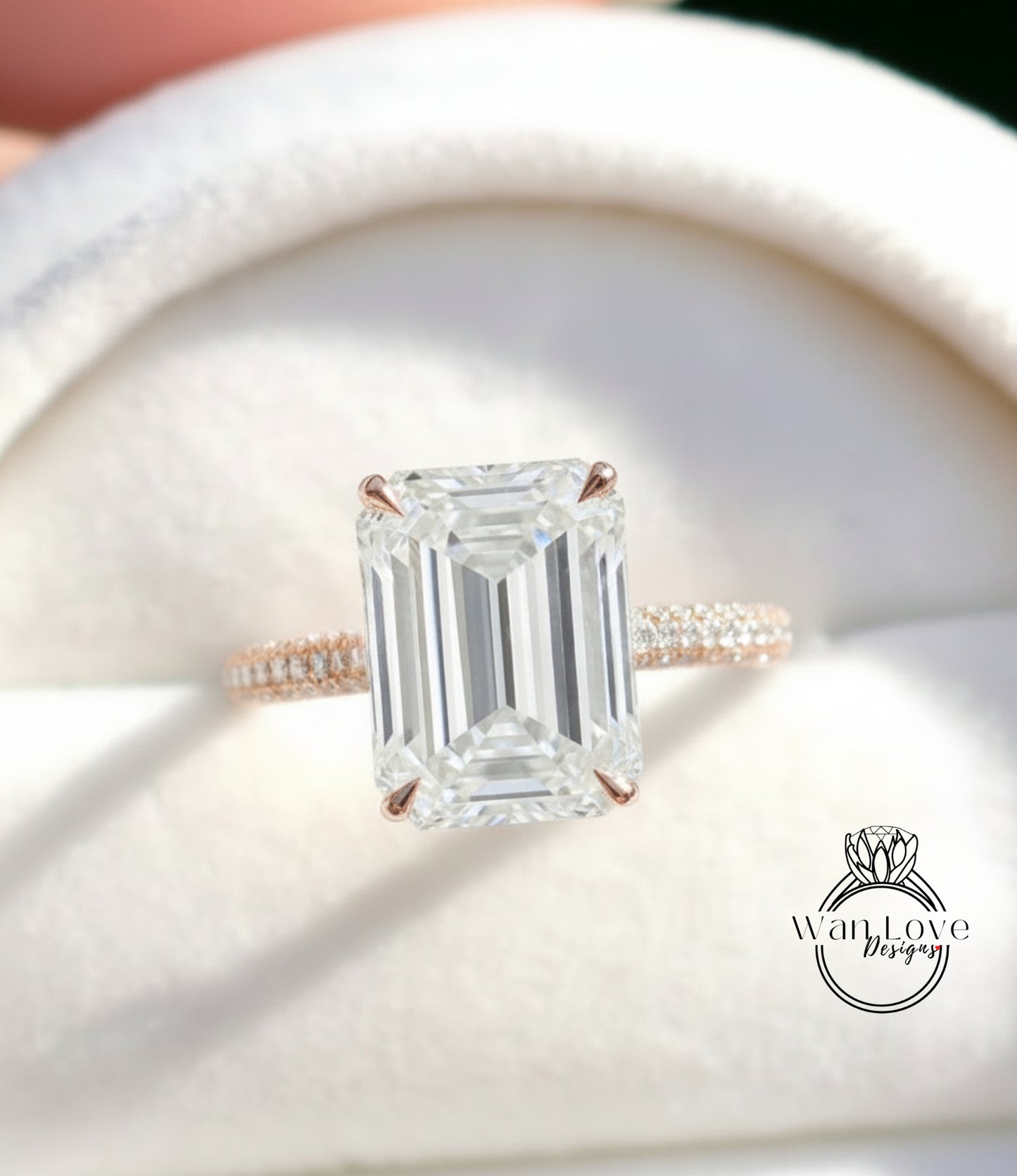 Moissanite & Diamond Emerald cut 3 sided Band Celebrity Style Engagement Ring Custom 14k 18k White Yellow Rose Gold Platinum Wedding Anniversary Bridal Gift