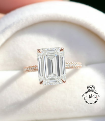 Moissanite & Diamond Emerald cut 3 sided Band Celebrity Style Engagement Ring Custom 14k 18k White Yellow Rose Gold Platinum Wedding Anniversary Bridal Gift