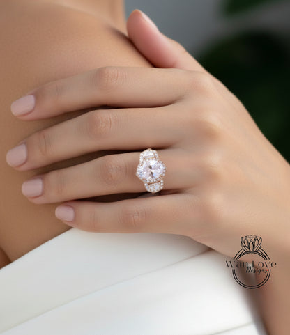 Anello di fidanzamento ovale con zaffiro rosa chiaro e diamanti, trapezio a mezzaluna, 3 ct, 9x7 mm, personalizzato, oro rosa giallo bianco 14k 18k, platino, matrimonio