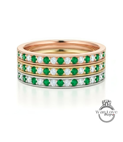 Fede nuziale Milgrain con diamanti smeraldo - Set di punte a canale vintage Fede nuziale - Fascia antica Half Eternity - Anello nuziale con scelta della pietra portafortuna