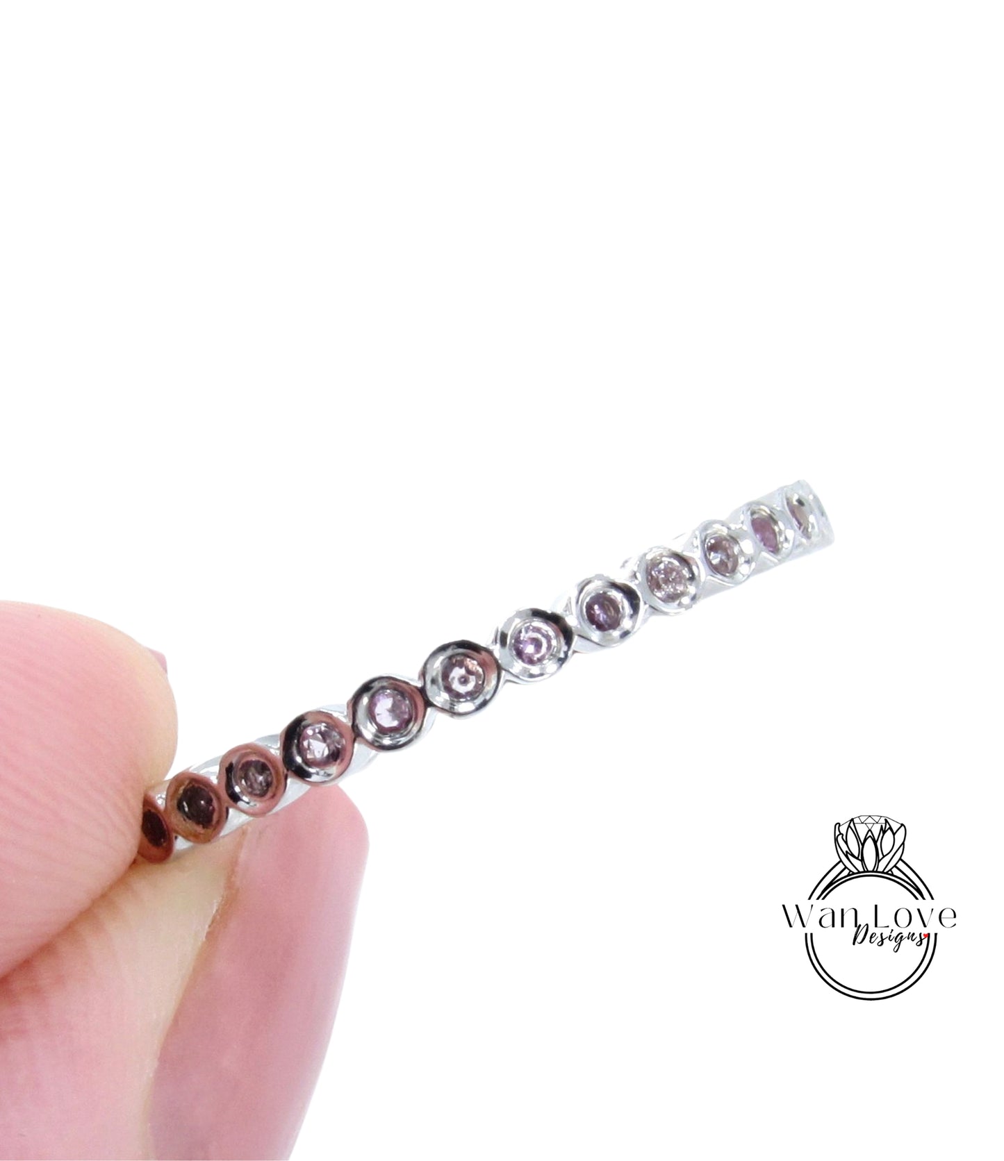 Vendita campione Pronto per la spedizione: set di castoni circolari in zaffiro rosa, fede nuziale completa per l'eternità, anello impilabile, fidanzamento, regalo di anniversario