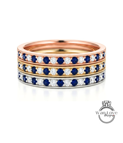 Fede nuziale Milgrain con diamanti smeraldo - Set di punte a canale vintage Fede nuziale - Fascia antica Half Eternity - Anello nuziale con scelta della pietra portafortuna