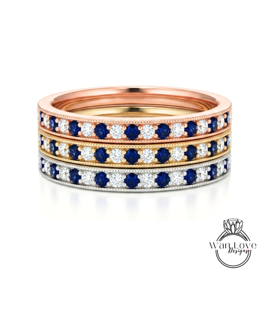 Fede nuziale Milgrain con diamante blu zaffiro - Set di punte per canali vintage Anello nuziale - Set di perline Fascia antica - Anello nuziale con scelta della pietra portafortuna