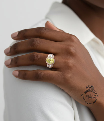 Anello di fidanzamento ovale con zaffiro rosa chiaro e diamanti, trapezio a mezzaluna, 3 ct, 9x7 mm, personalizzato, oro rosa giallo bianco 14k 18k, platino, matrimonio