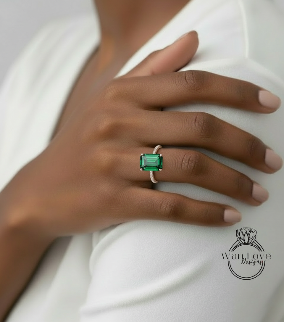 Emerald & Diamond Emerald cut 3 sided Band Celebrity Style Engagement Ring Custom 14k 18k White Yellow Rose Gold Platinum Wedding Anniversary Bridal Gift
