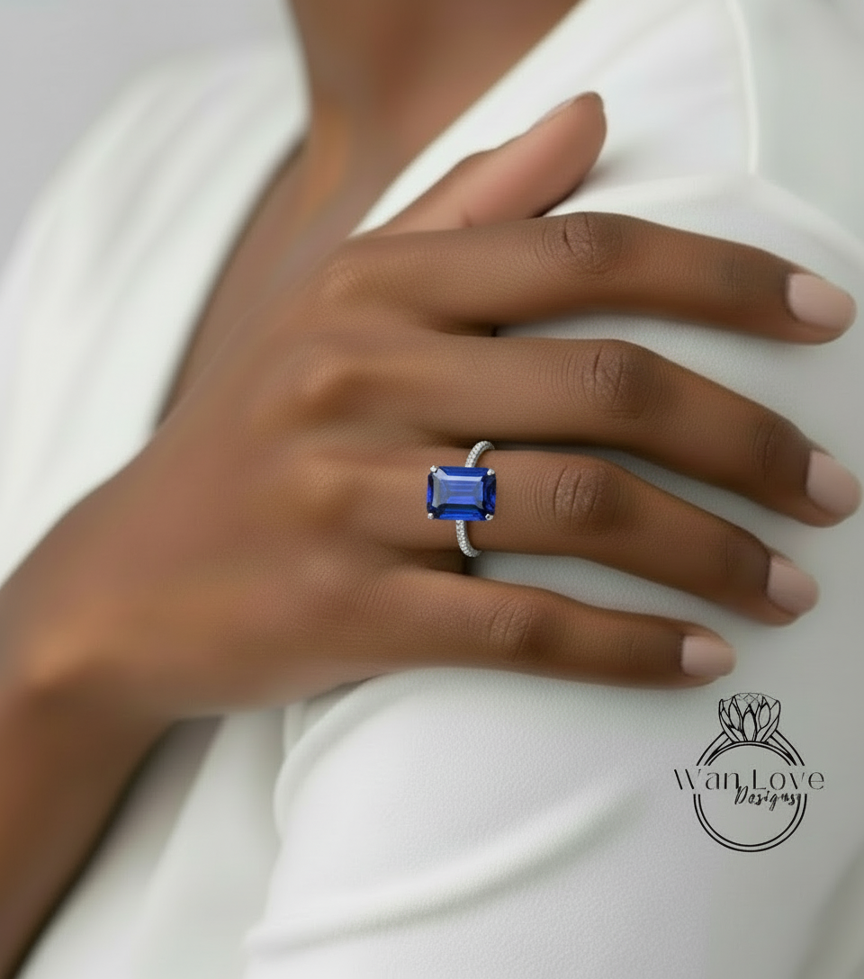 Blue Sapphire & Diamond Emerald cut 3 sided Band Celebrity Style Engagement Ring Custom 14k 18k White Yellow Rose Gold Platinum Wedding Anniversary Bridal Gift