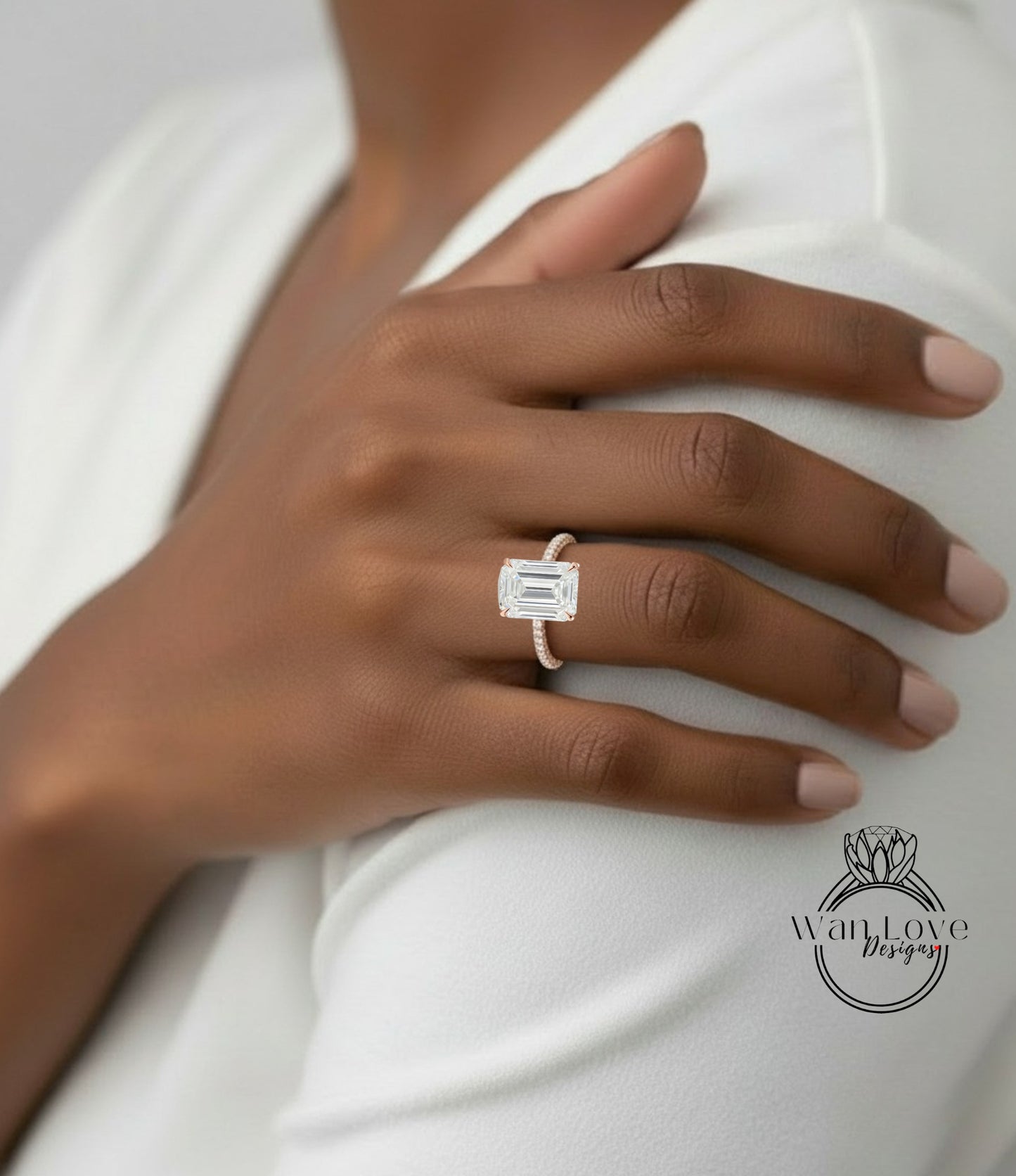 Moissanite & Diamond Emerald cut 3 sided Band Celebrity Style Engagement Ring Custom 14k 18k White Yellow Rose Gold Platinum Wedding Anniversary Bridal Gift