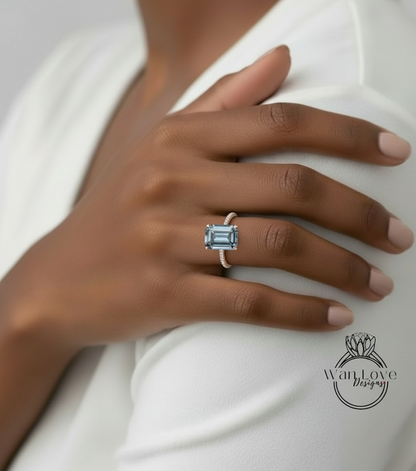Gray Moissanite & Diamond Emerald cut 3 sided Band Celebrity Style Engagement Ring Custom 14k 18k White Yellow Rose Gold Platinum Wedding Anniversary Bridal Gift