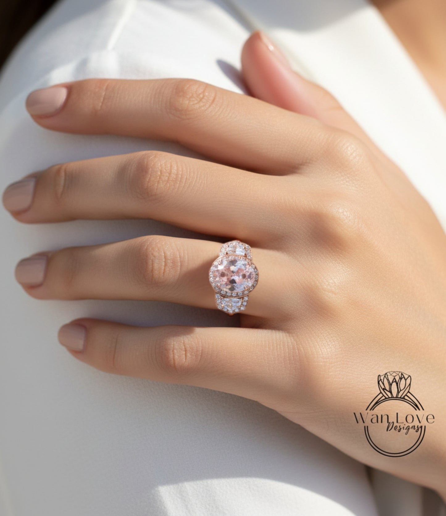 Anello di fidanzamento ovale con zaffiro rosa chiaro e diamanti, trapezio a mezzaluna, 3 ct, 9x7 mm, personalizzato, oro rosa giallo bianco 14k 18k, platino, matrimonio