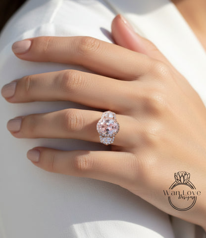 Anello di fidanzamento ovale con zaffiro rosa chiaro e diamanti, trapezio a mezzaluna, 3 ct, 9x7 mm, personalizzato, oro rosa giallo bianco 14k 18k, platino, matrimonio