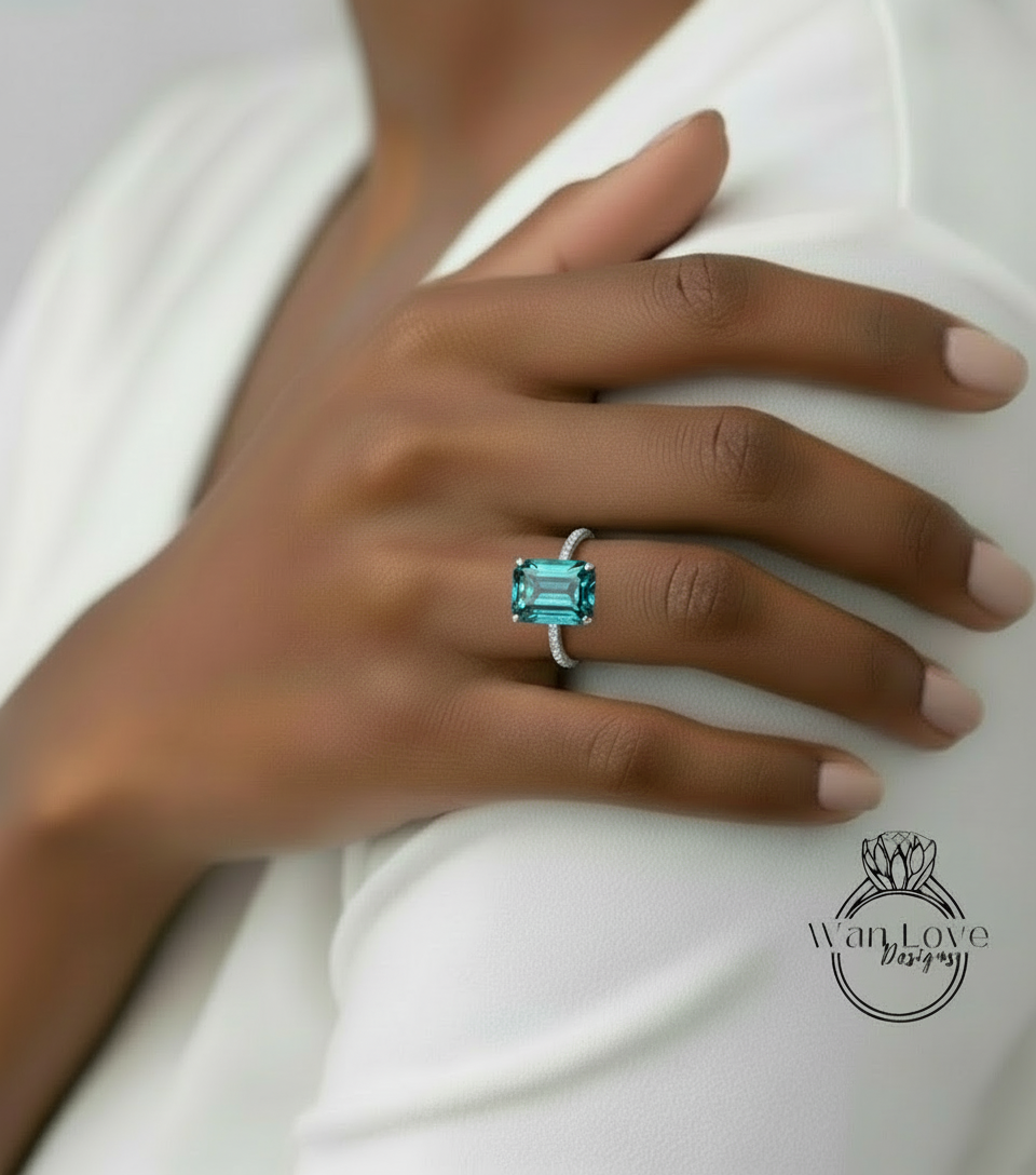 Teal Blue Green Moissanite & Diamond Emerald cut 3 sided Band Celebrity Style Engagement Ring Custom 14k 18k White Yellow Rose Gold Platinum Wedding Anniversary Bridal Gift