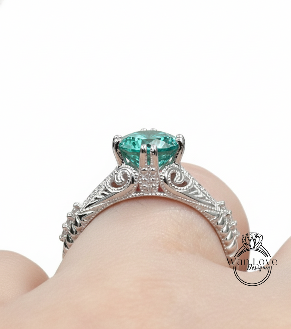 Vintage Blue Moissanite Engagement Ring round cut engraved Ring Antique milgrain ring art deco Wedding Bridal Ring Anniversary promise ring