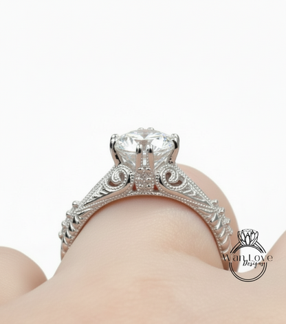 Vintage Moissanite Engagement Ring round cut engraved Ring Antique milgrain ring art deco Wedding Bridal Ring Anniversary promise ring