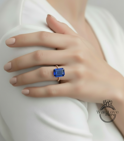 Blue Sapphire & Diamond Emerald cut 3 sided Band Celebrity Style Engagement Ring Custom 14k 18k White Yellow Rose Gold Platinum Wedding Anniversary Bridal Gift