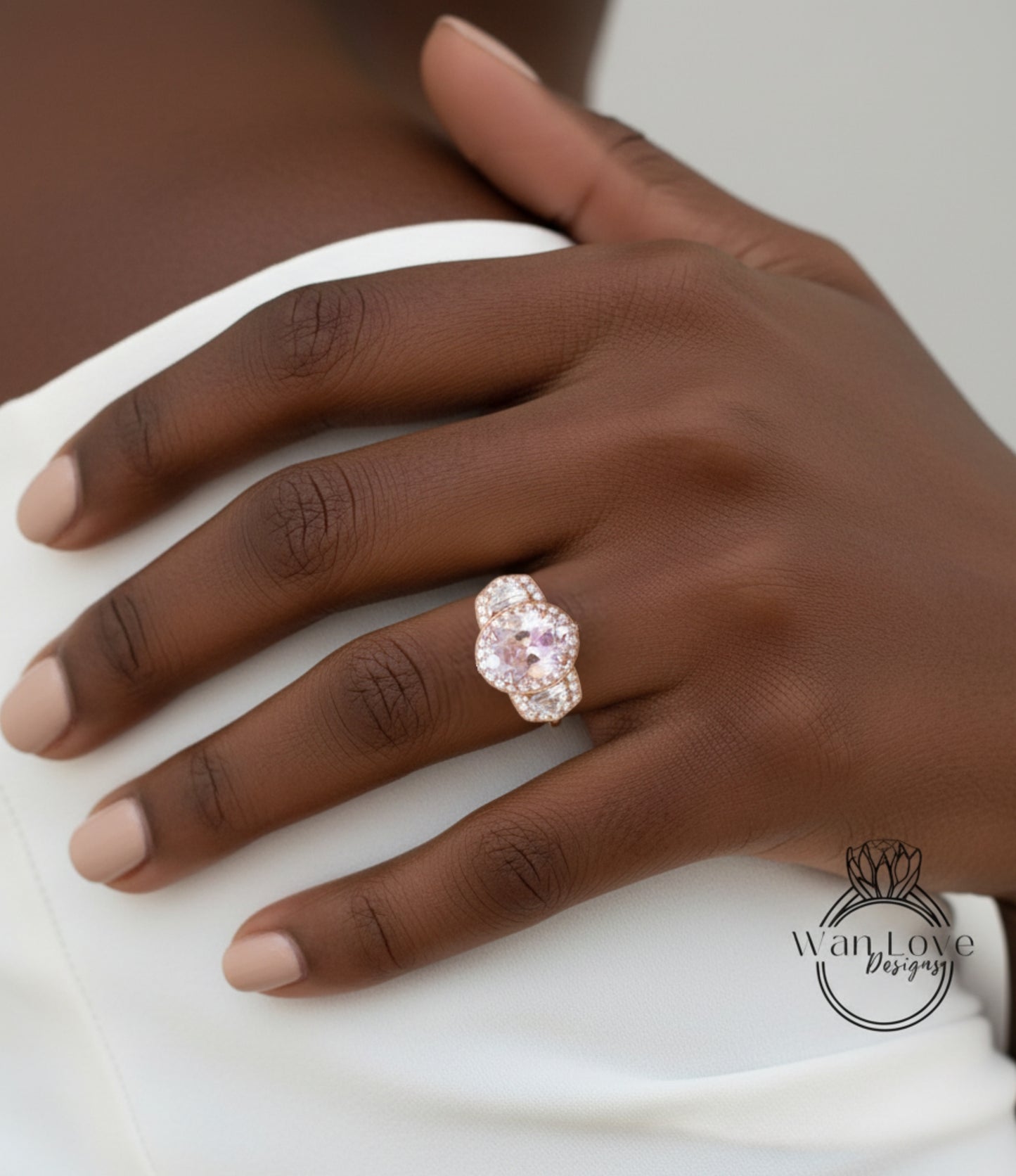 Anello di fidanzamento ovale con zaffiro rosa chiaro e diamanti, trapezio a mezzaluna, 3 ct, 9x7 mm, personalizzato, oro rosa giallo bianco 14k 18k, platino, matrimonio