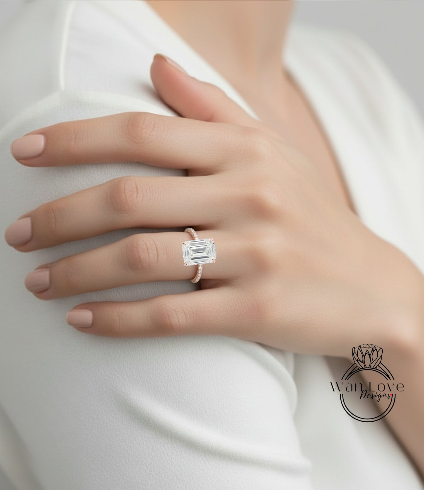 Moissanite & Diamond Emerald cut 3 sided Band Celebrity Style Engagement Ring Custom 14k 18k White Yellow Rose Gold Platinum Wedding Anniversary Bridal Gift