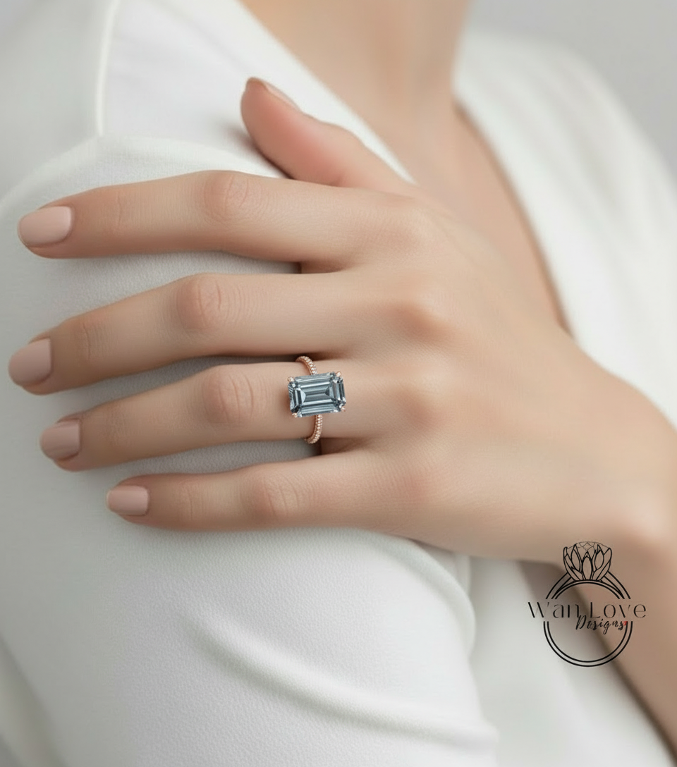 Gray Moissanite & Diamond Emerald cut 3 sided Band Celebrity Style Engagement Ring Custom 14k 18k White Yellow Rose Gold Platinum Wedding Anniversary Bridal Gift