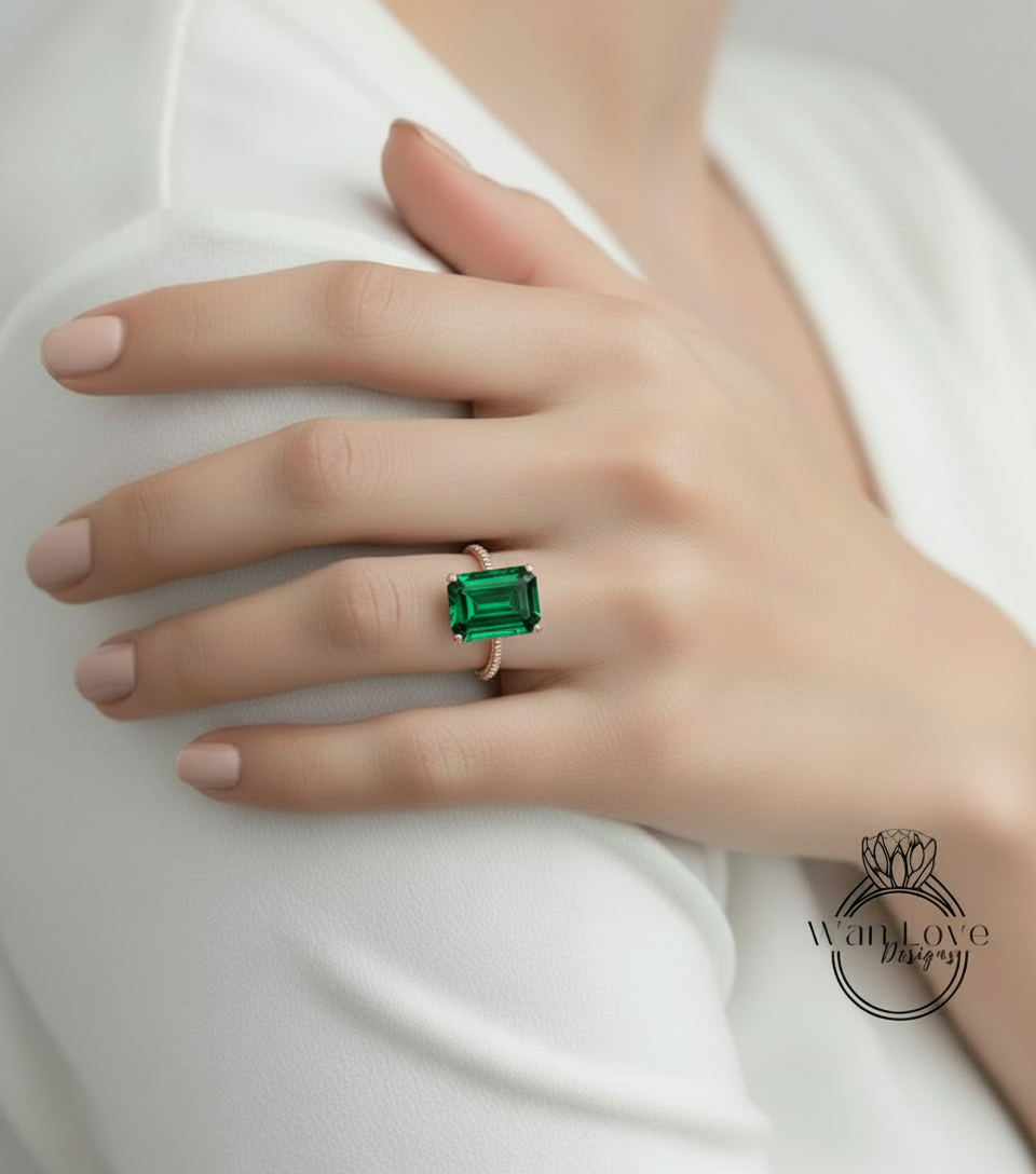 Emerald & Diamond Emerald cut 3 sided Band Celebrity Style Engagement Ring Custom 14k 18k White Yellow Rose Gold Platinum Wedding Anniversary Bridal Gift