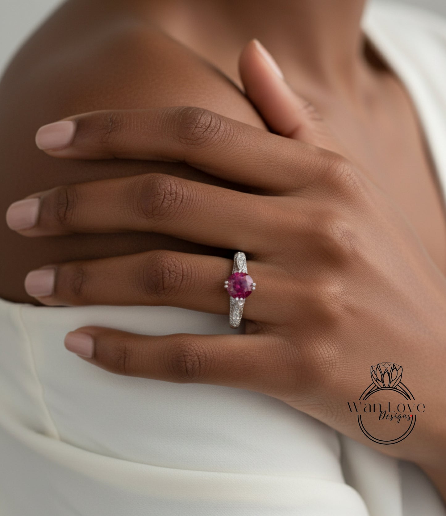 Ruby & Diamond Engraved Antique Engraving Round Engagement Ring, Custom-14k 18k White Yellow Rose Gold-Platinum-Wedding-Anniversary Gift