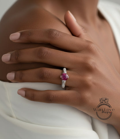 Ruby & Diamond Engraved Antique Engraving Round Engagement Ring, Custom-14k 18k White Yellow Rose Gold-Platinum-Wedding-Anniversary Gift