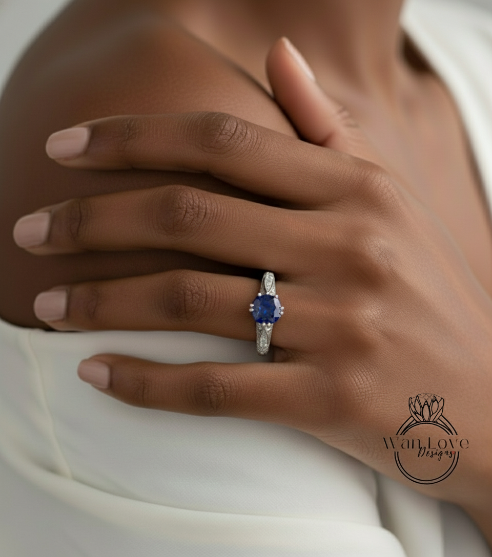 Anello di fidanzamento rotondo con incisione antica con zaffiro blu e diamante, personalizzato-14k 18k bianco giallo oro rosa-platino-anniversario di matrimonio