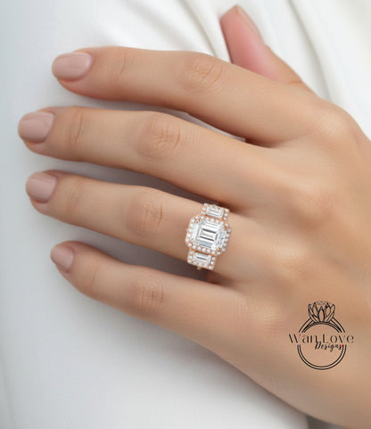 Emerald and Baguette Certified lab grown diamond Three Stone Engagement Ring, Art deco baguette ring Radiant Cut Engagement Ring,Bridal Gift