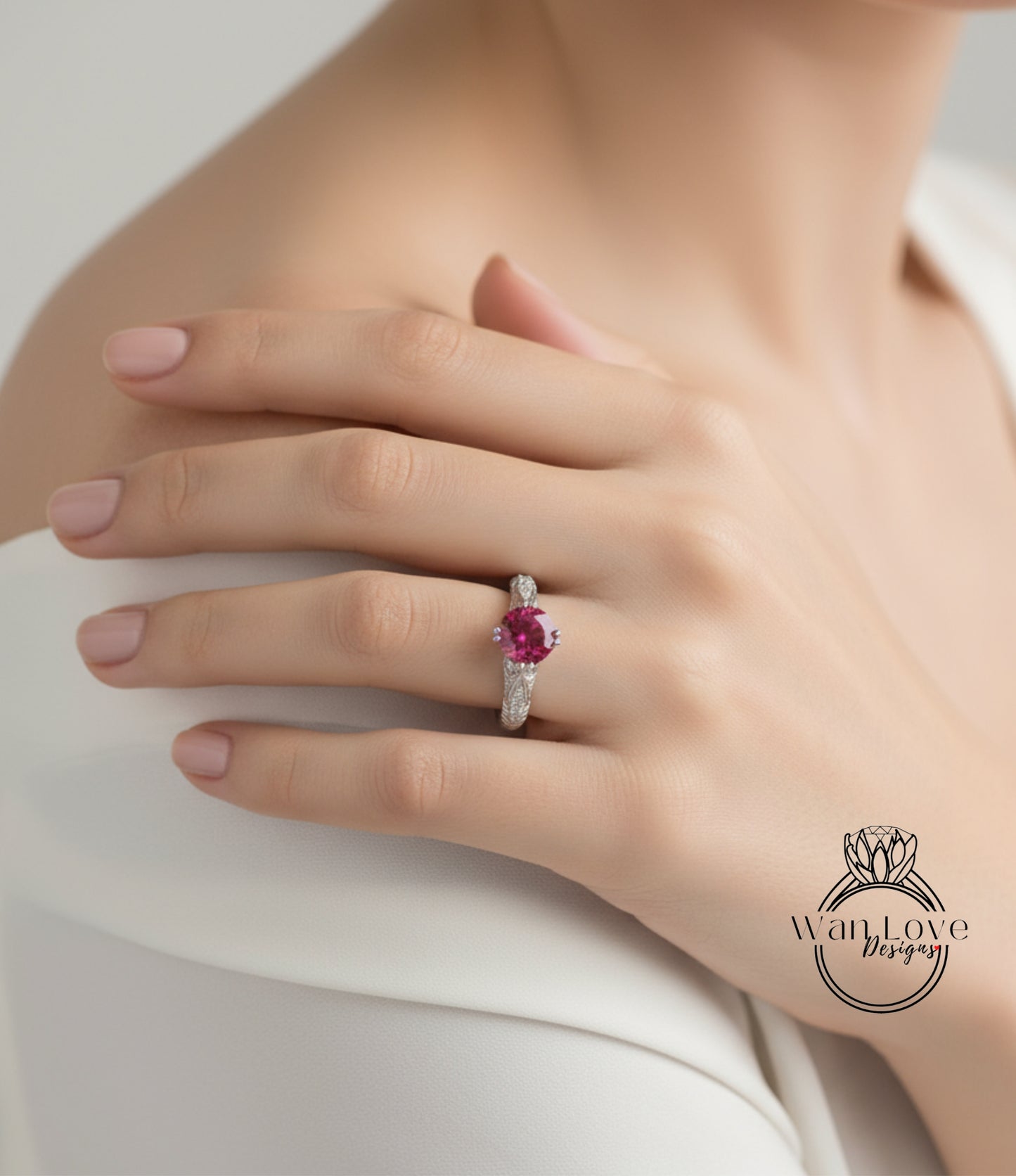 Ruby & Diamond Engraved Antique Engraving Round Engagement Ring, Custom-14k 18k White Yellow Rose Gold-Platinum-Wedding-Anniversary Gift