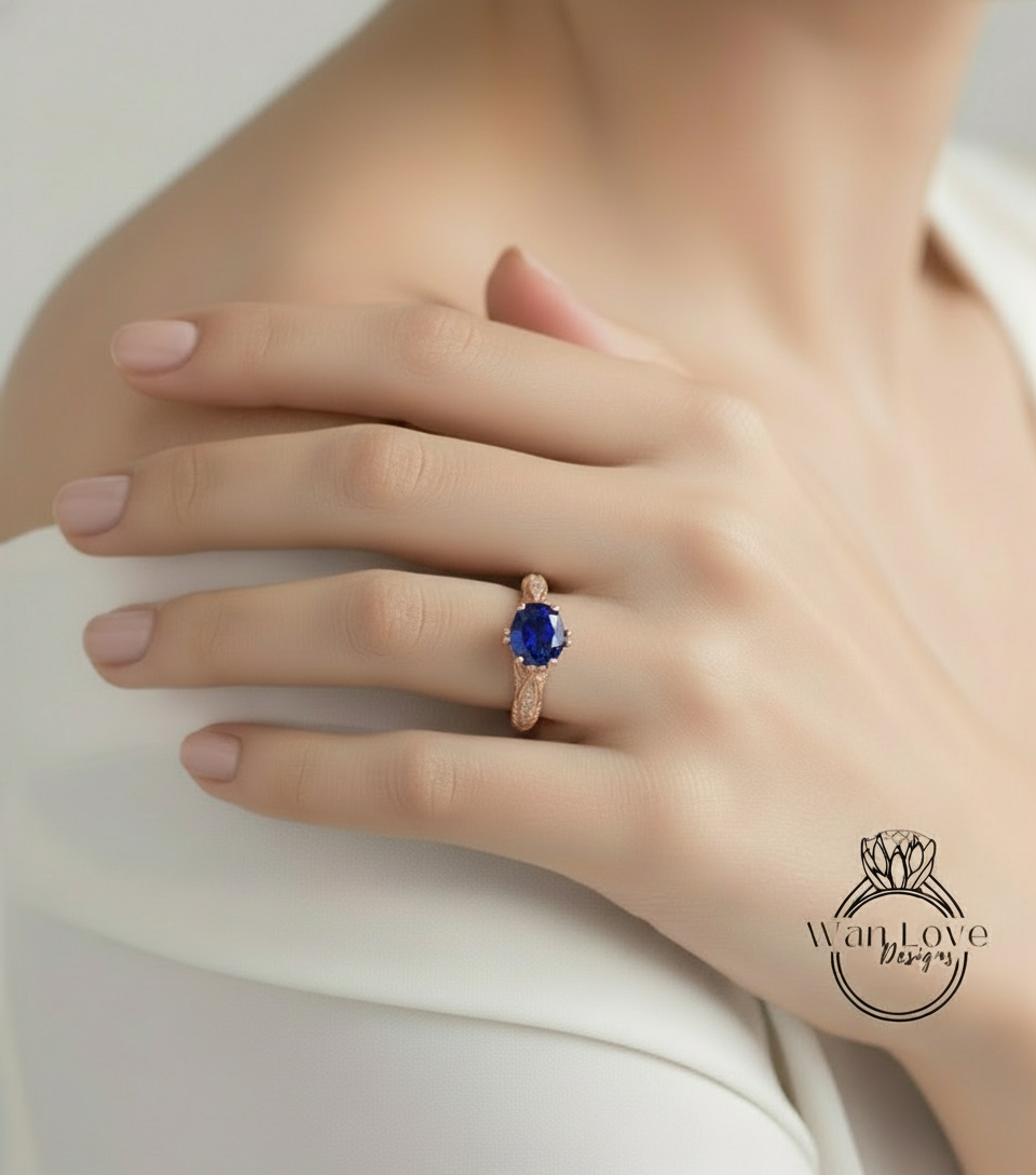 Anello di fidanzamento rotondo con incisione antica con zaffiro blu e diamante, personalizzato-14k 18k bianco giallo oro rosa-platino-anniversario di matrimonio