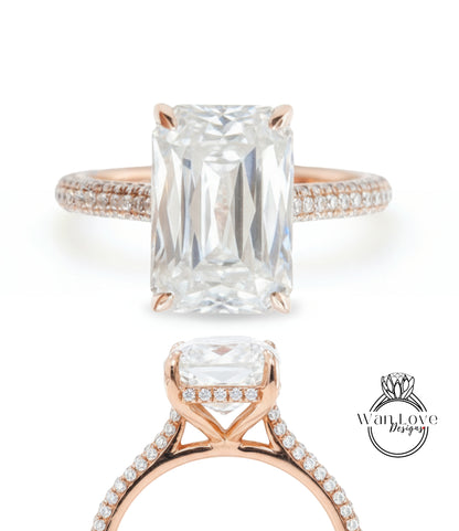 Ready to ship 6ct Vintage Moissanite Engagement Ring Rose Gold Criss Cut Emerald Cut Ring side Halo Moissanite ring Bridal Anniversary ring