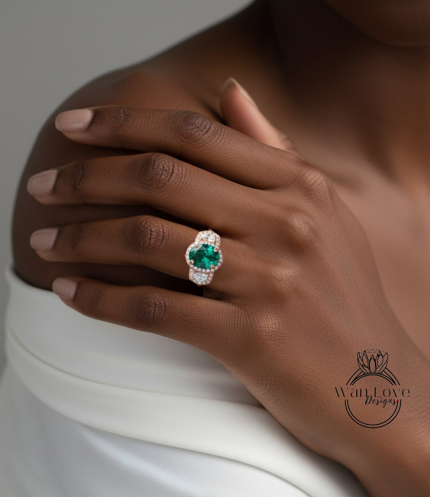Emerald & Diamond Oval half moon Triple halo 3 sided engagement ring rose gold ring vintage ring art deco unique Bridal Wedding ring Anniversary gift