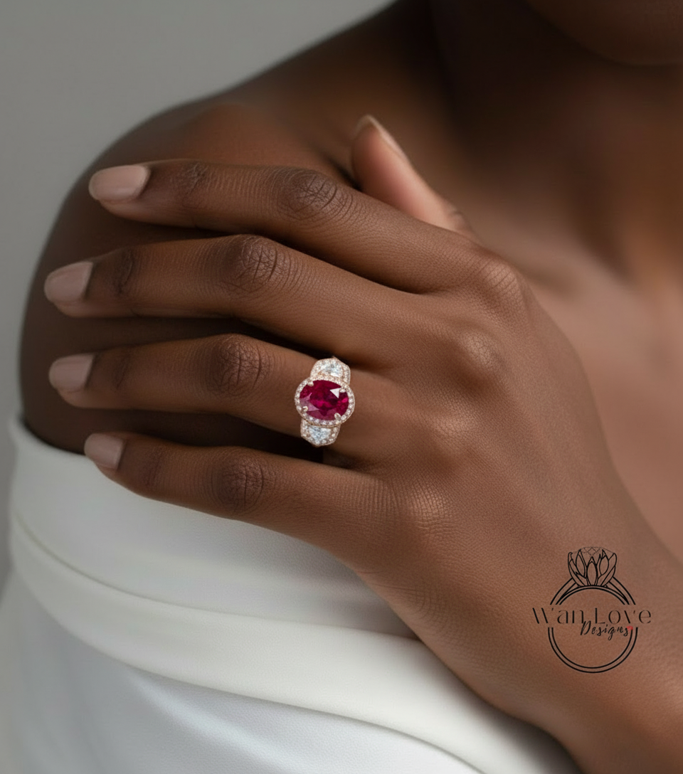 Ruby & Diamonds Oval Engagement Ring half moon trapezoid, Custom,14k 18k White Yellow Rose Gold, Platinum,Wedding Bridal Ring Anniversary Gift