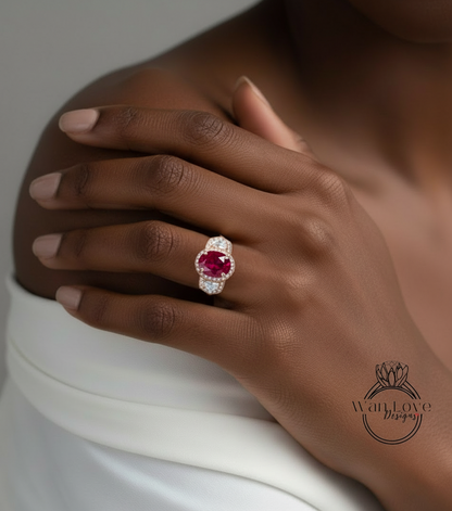 Ruby & Diamonds Oval Engagement Ring half moon trapezoid, Custom,14k 18k White Yellow Rose Gold, Platinum,Wedding Bridal Ring Anniversary Gift