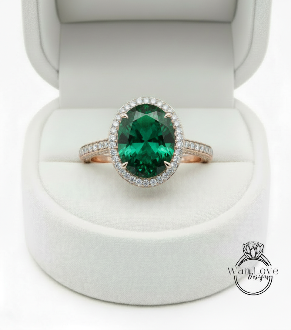 Anello di fidanzamento ovale con smeraldo Anello stile celebrità Anello con diamanti vintage Lato nascosto Halo Anello nuziale Art Deco Anniversario Regalo per lei