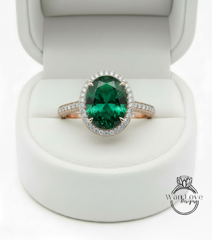 Anello di fidanzamento ovale con smeraldo Anello stile celebrità Anello con diamanti vintage Lato nascosto Halo Anello nuziale Art Deco Anniversario Regalo per lei