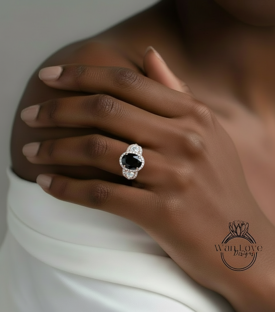 Anello di fidanzamento ovale con spinello nero, trapezio a mezza luna, 3ct, 9x7mm, personalizzato, oro rosa giallo bianco 14k 18k, platino, matrimonio, regalo di anniversario