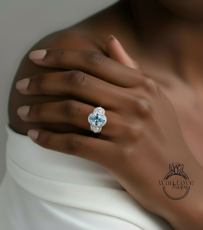 Anello di fidanzamento ovale con diamante spinello blu acquamarina, trapezio a mezza luna, 3ct, 9x7mm, personalizzato, 14k 18k bianco giallo oro rosa, platino, matrimonio