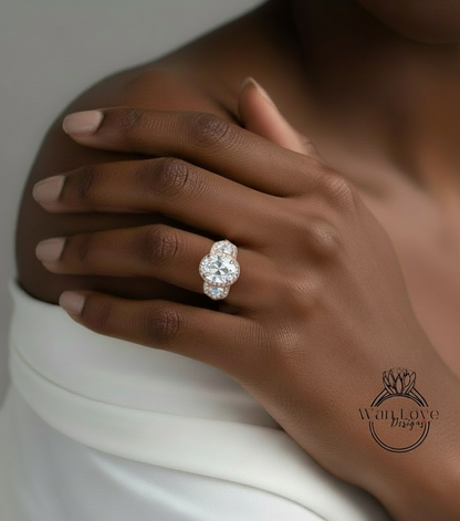 Anello di fidanzamento ovale con diamante zaffiro bianco, trapezio a mezzaluna, 3ct, 9x7mm, personalizzato, oro rosa giallo bianco 14k 18k, platino, matrimonio