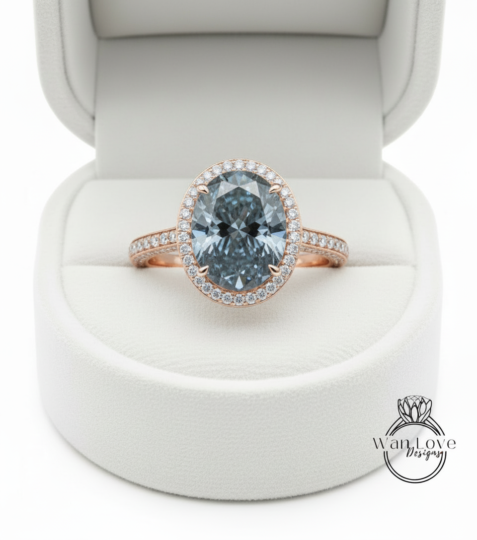 Grey Moissanite & Diamond Oval Halo 3 sided Engagement Ring, 14k 18k White Yellow Rose Gold, Platinum, Wedding, Anniversary Gift